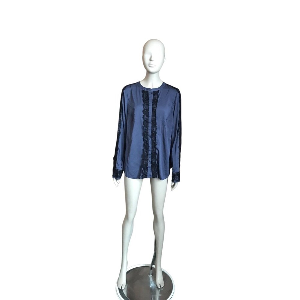 Ann Taylor Blue and Black Lace Detail Blouse